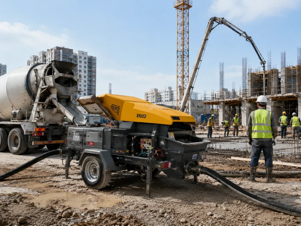 Trailer concrete pump working with a mixer truck at a building construction project.