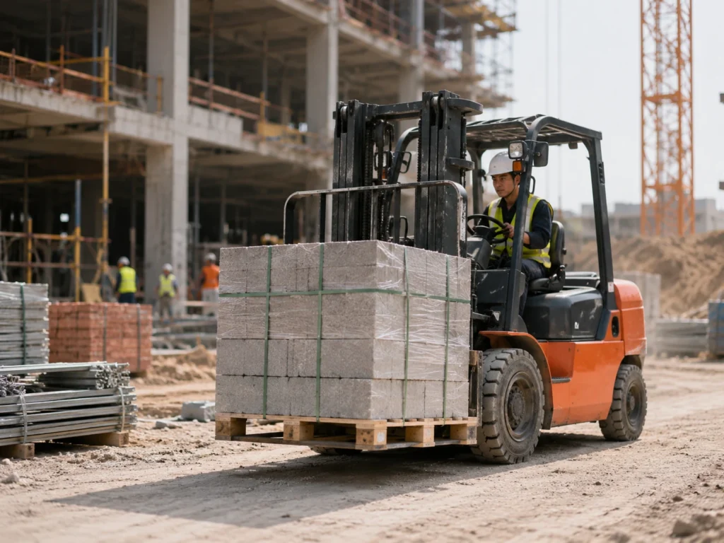 Forklift transporting palletized construction materials on a busy building site.
