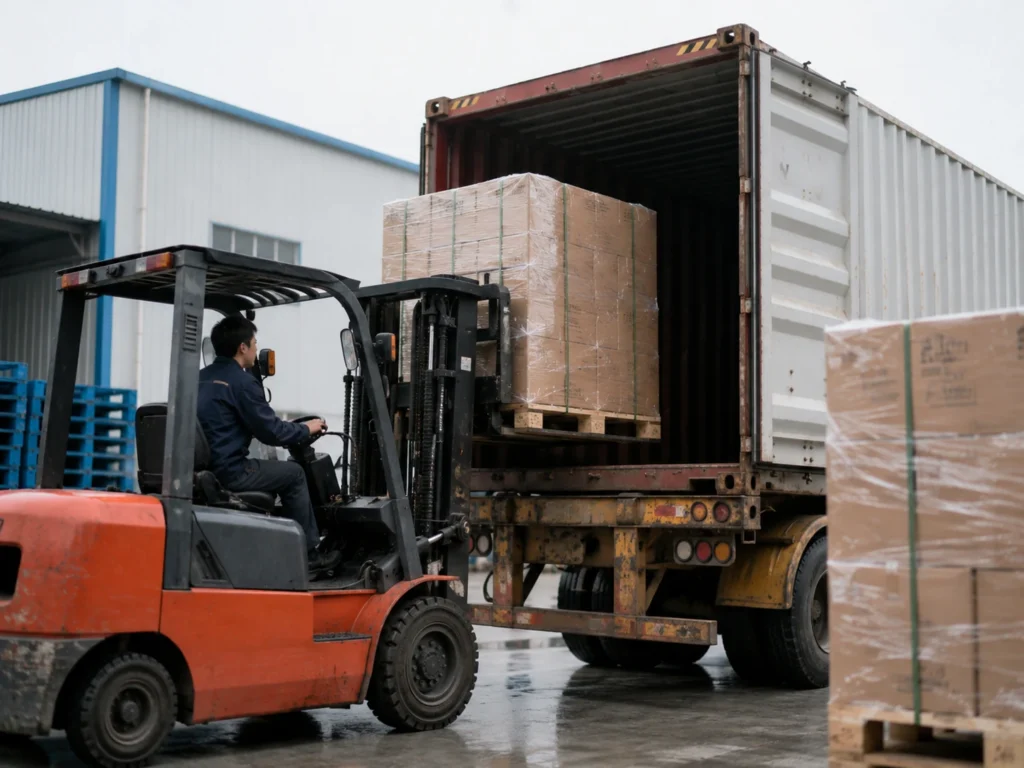 Forklift loading palletized cargo into a shipping container at an industrial logistics yard.