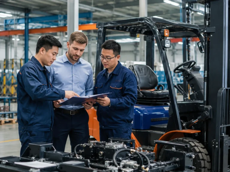 Factory team discussing forklift customization requirements and configuration plans beside industrial equipment.
