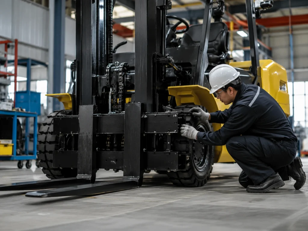 Technician inspecting and adjusting forklift front components in a factory workshop for custom configuration support.