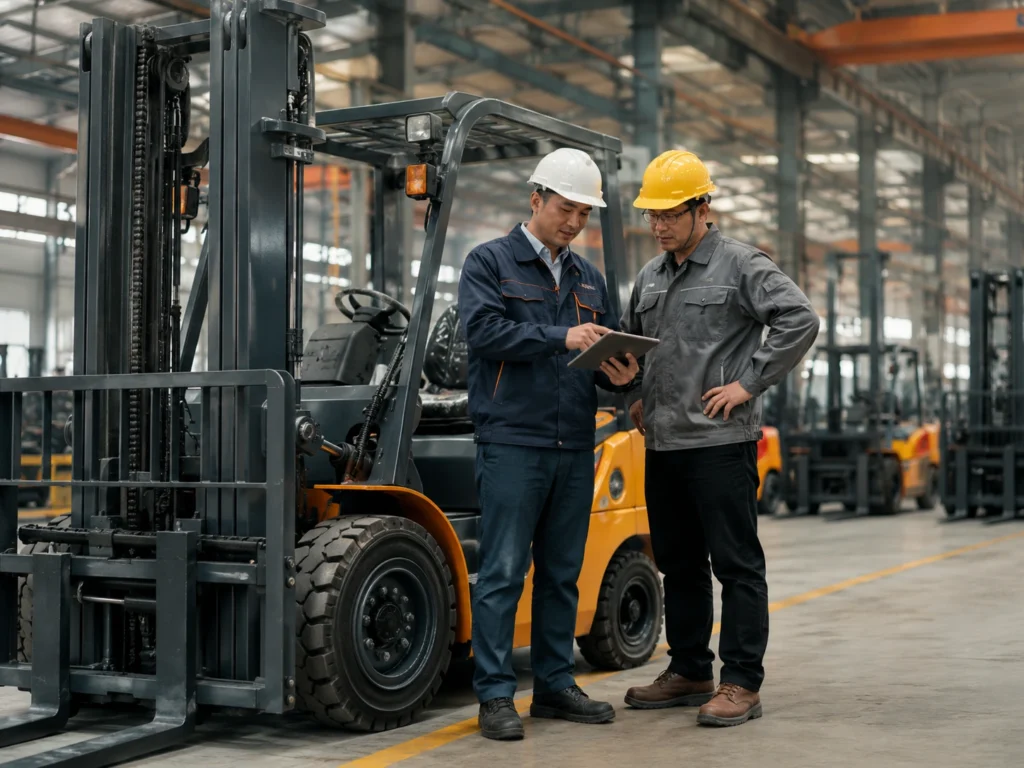 Factory staff and customer reviewing forklift technical documents and custom solution details on the workshop floor.