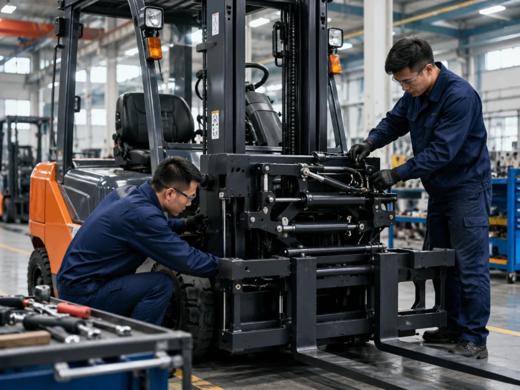 Two technicians adjusting forklift attachment components during a custom configuration support process.