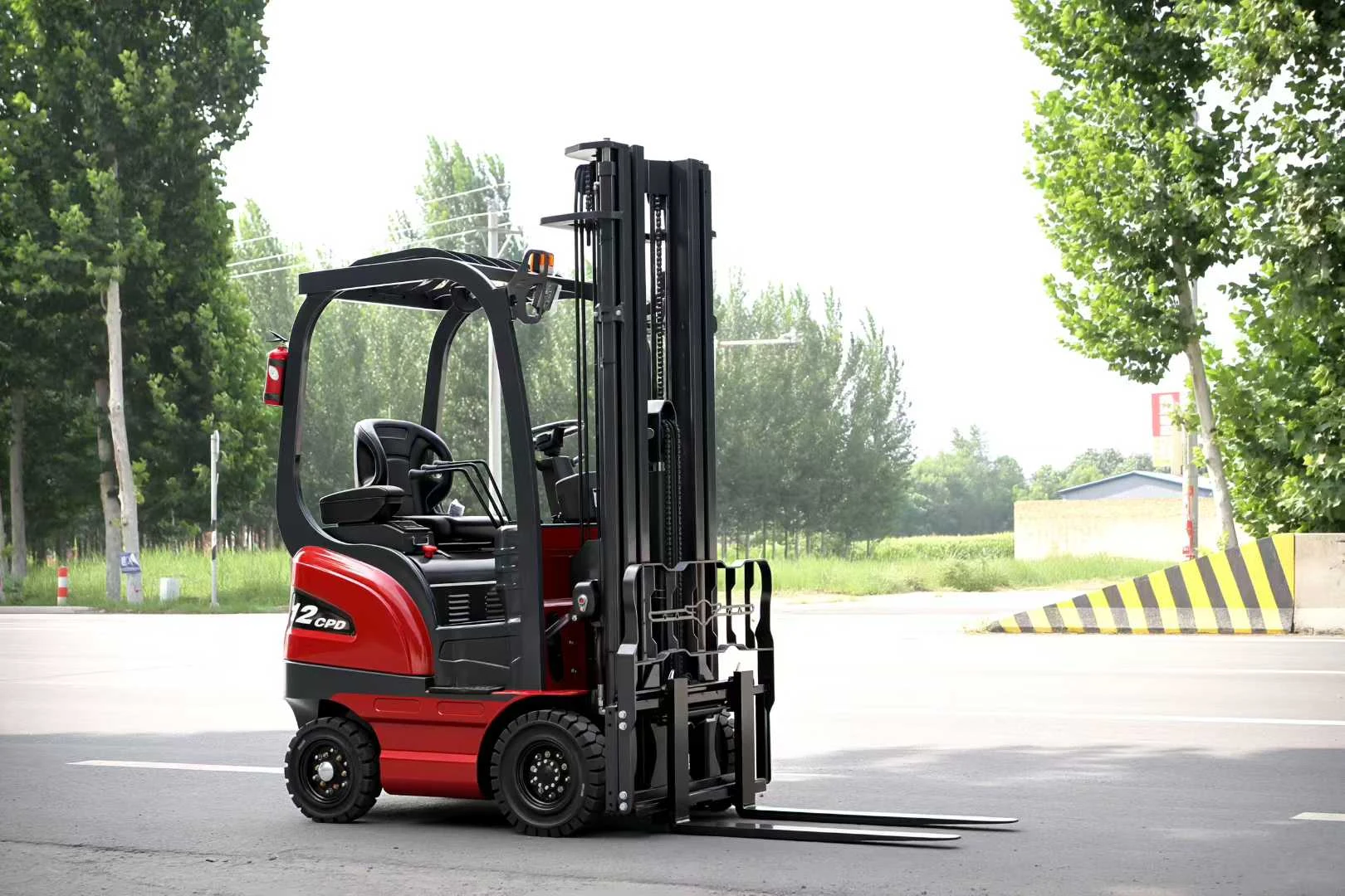 Deling CPD-12 1.2 ton electric forklift front three-quarter view