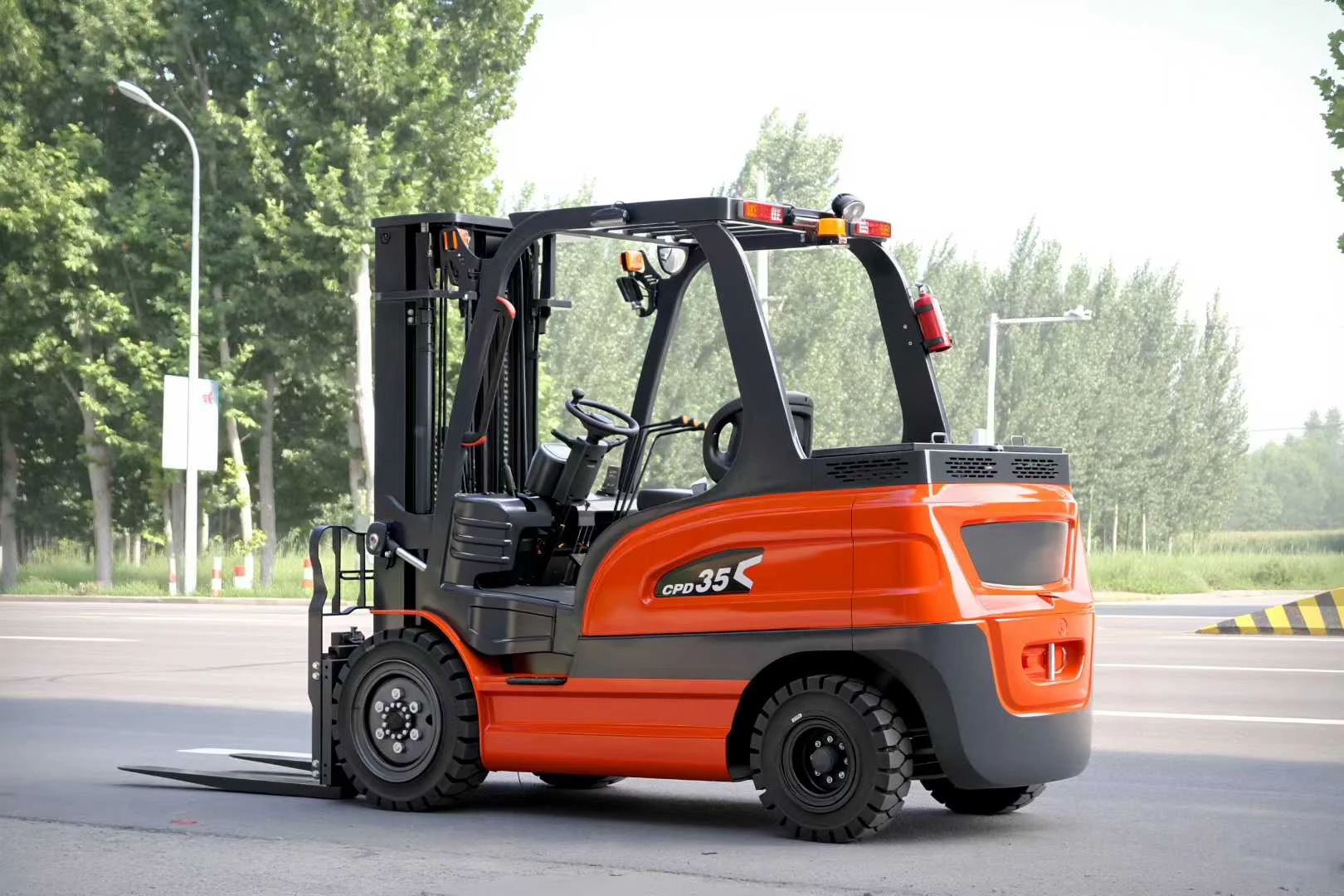 Deling CPD-35 electric forklift rear three-quarter view