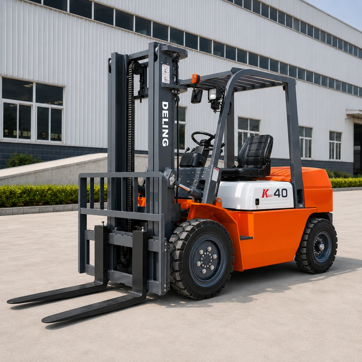 Deling K-40 forklift front three-quarter view parked outside the factory building