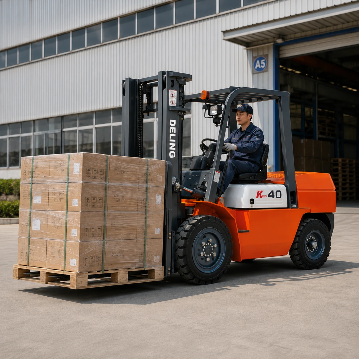 Deling K-40 forklift carrying palletized cartons outside the warehouse
