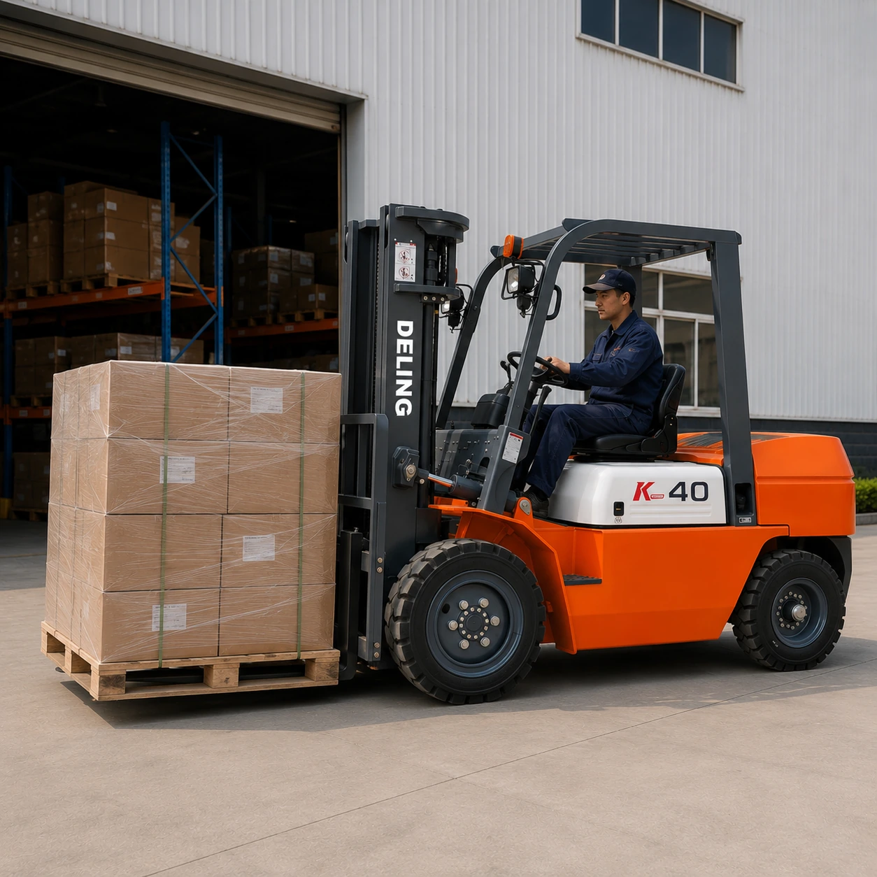 Deling K-40 forklift loading wrapped cargo pallets at the warehouse entrance