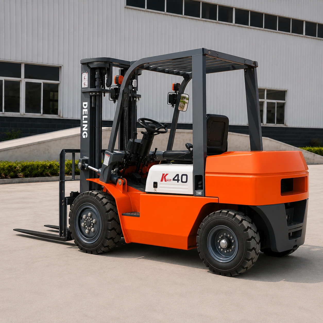 Deling K-40 forklift rear three-quarter view on the factory yard