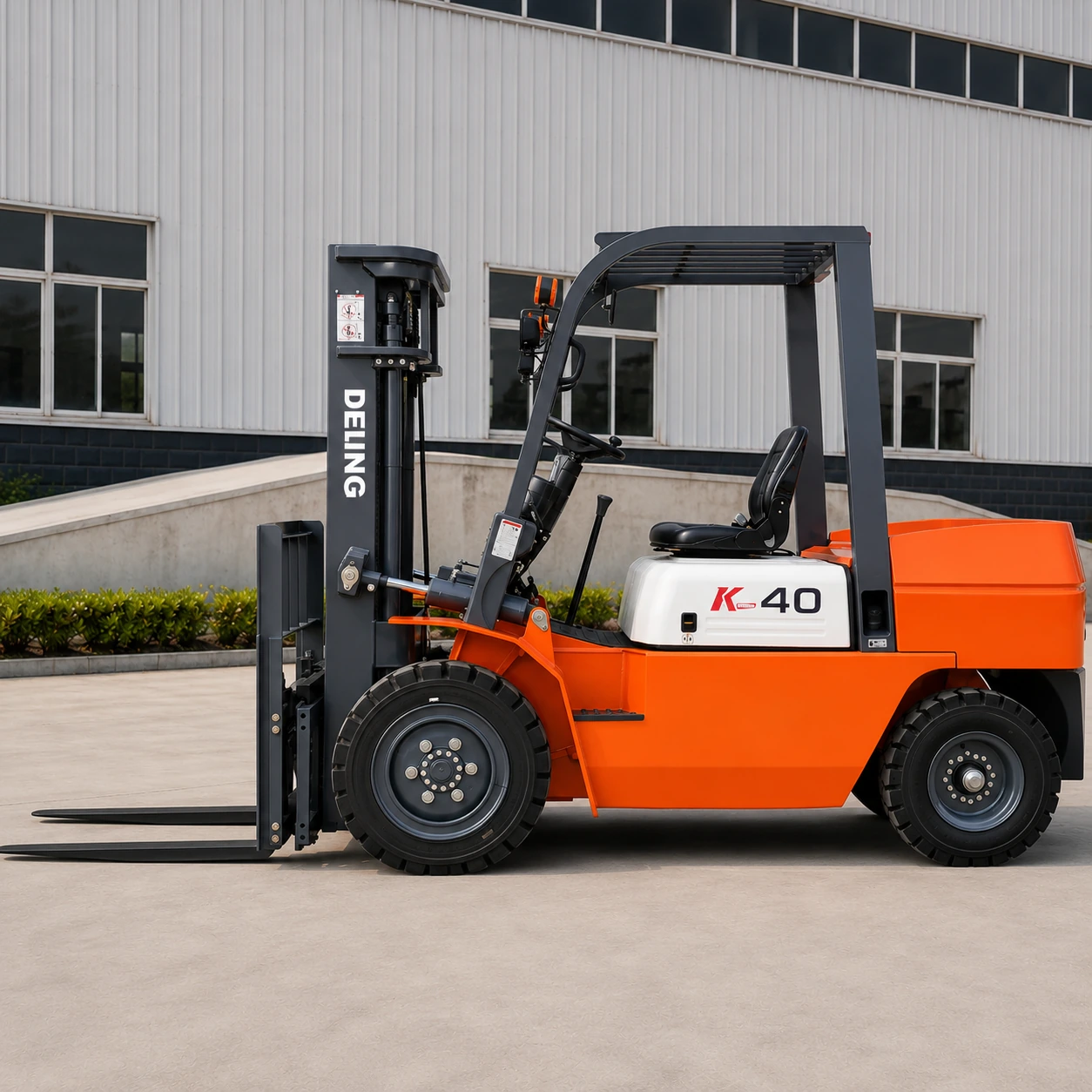 Deling K-40 forklift side view in front of an industrial warehouse