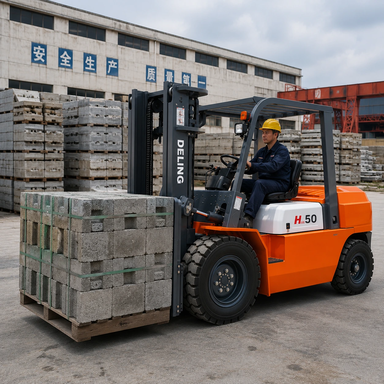 Deling H-50 diesel forklift moving stacked concrete blocks in an industrial storage yard