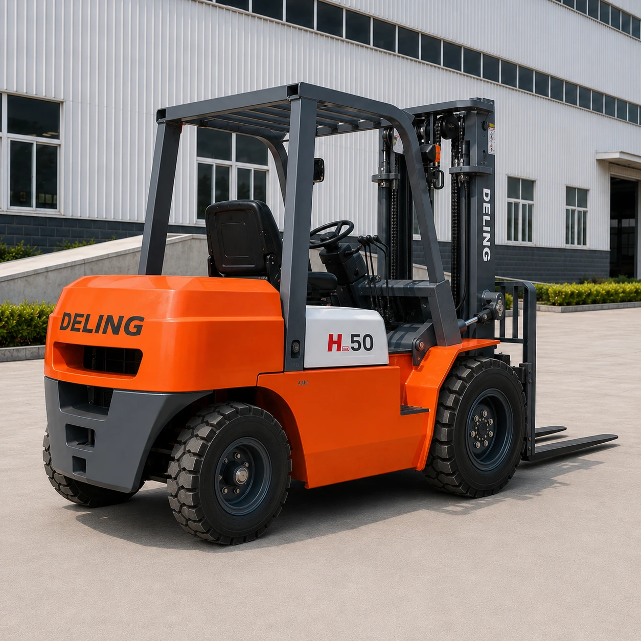 Deling H-50 5 ton heavy-duty diesel forklift shown from a rear three-quarter angle