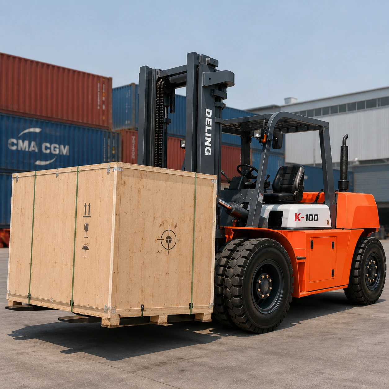 Deling K-100 diesel forklift transporting a wooden crate in a container yard