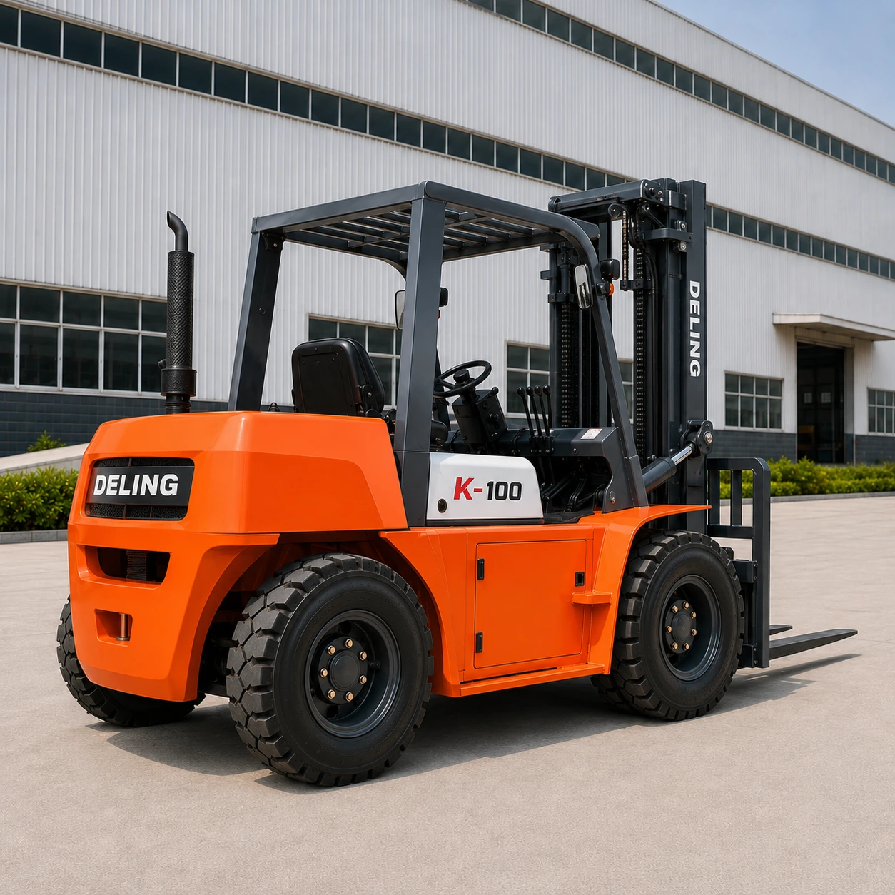 Deling K-100 10 ton heavy-duty diesel forklift shown from the rear side at a factory
