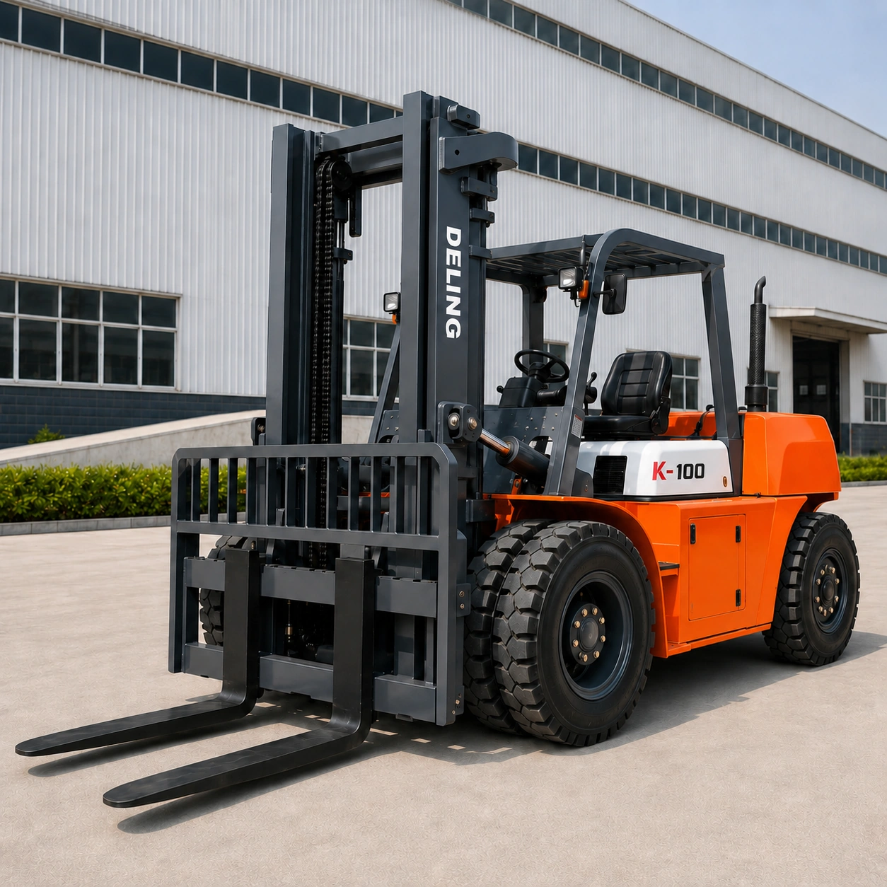 Deling K-100 10 ton heavy-duty diesel forklift parked at an industrial facility