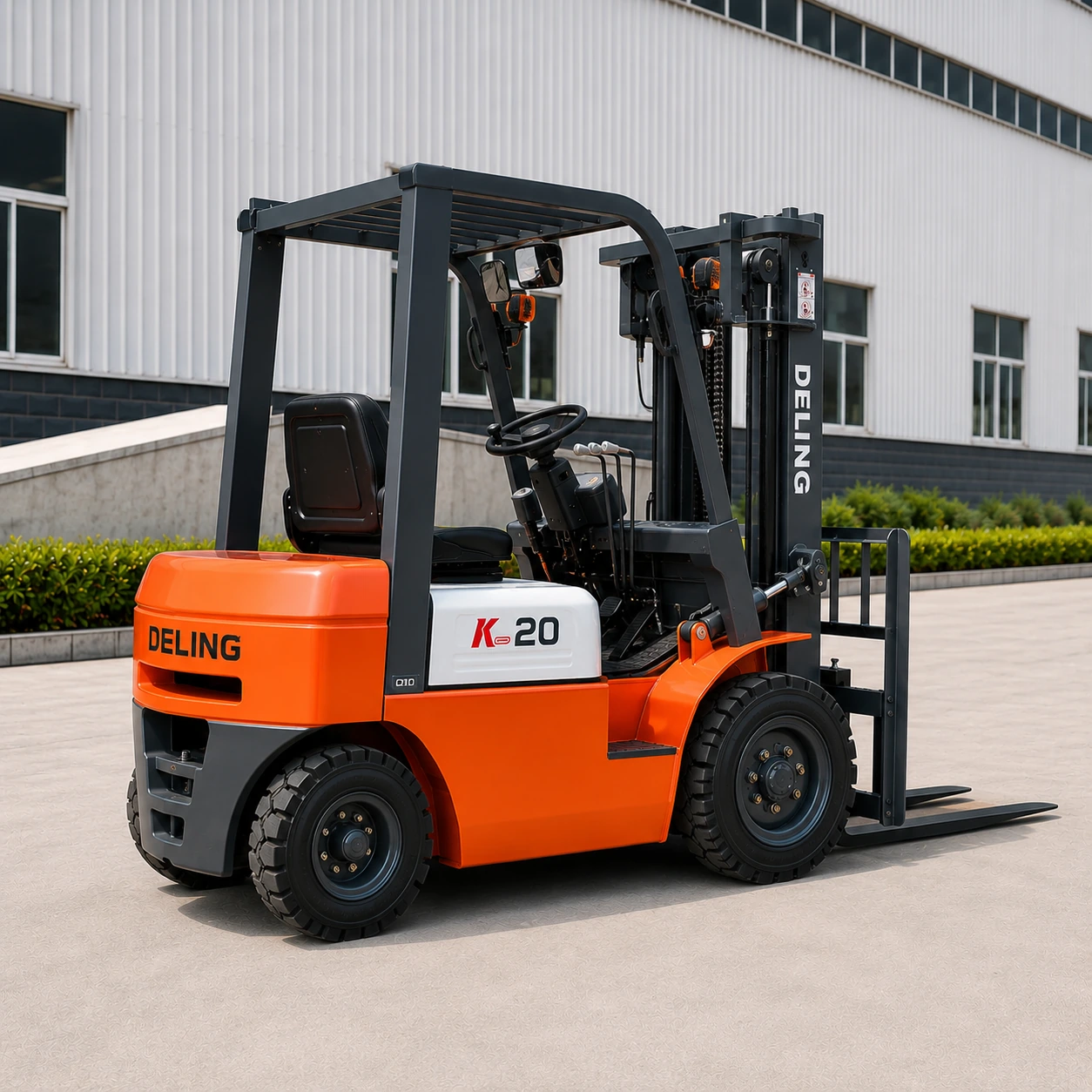 Deling K-20 compact diesel forklift shown from a rear three-quarter view outside a factory