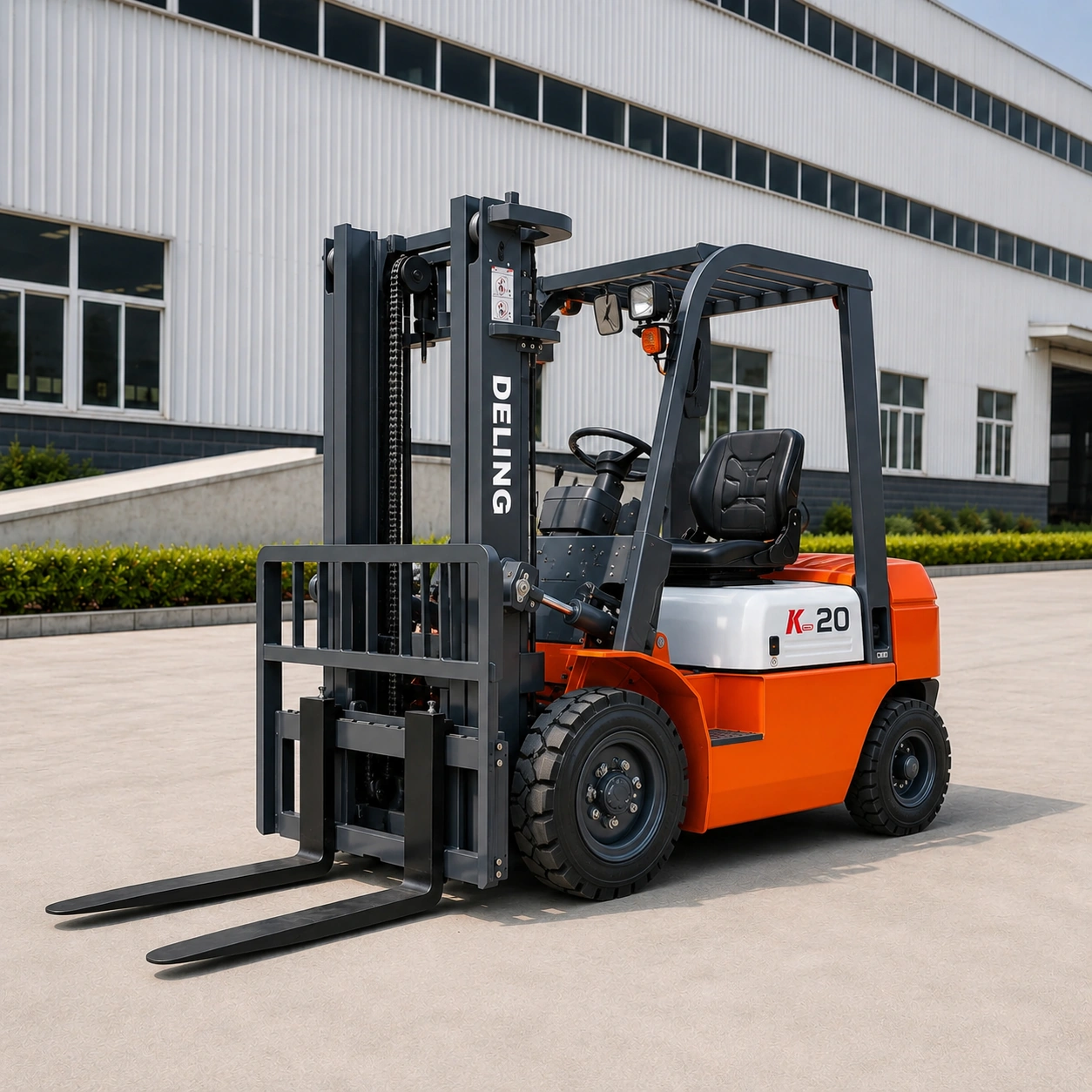 Deling K-20 compact diesel forklift parked outside an industrial factory