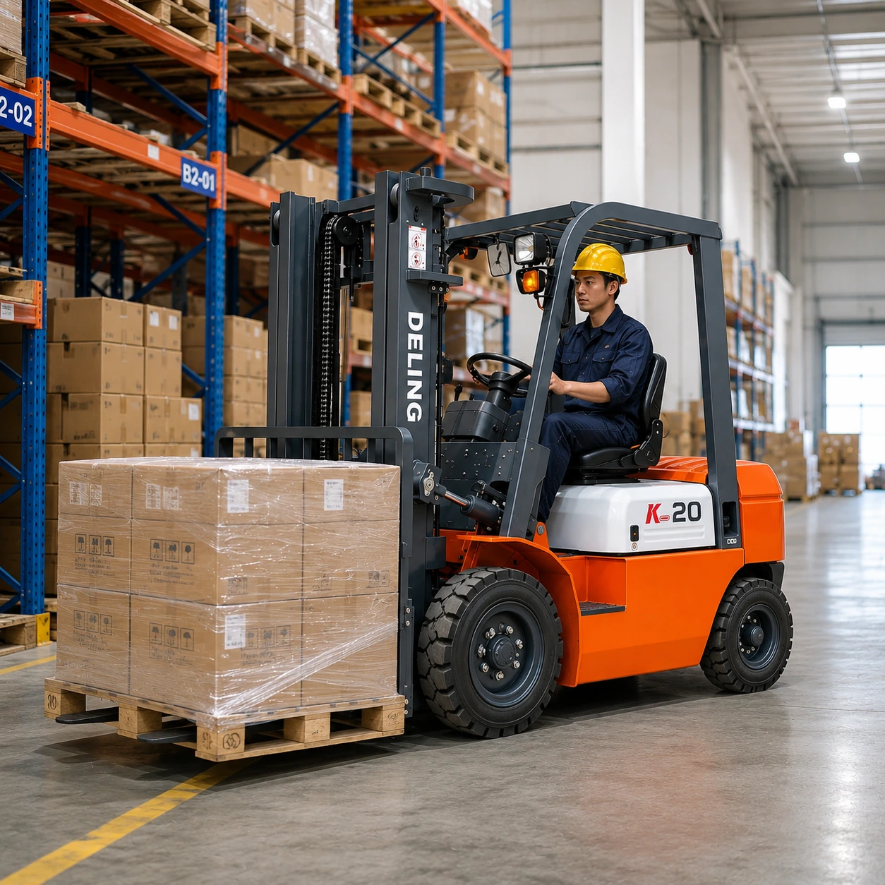 Deling K-20 diesel forklift transporting palletized cartons inside a modern warehouse