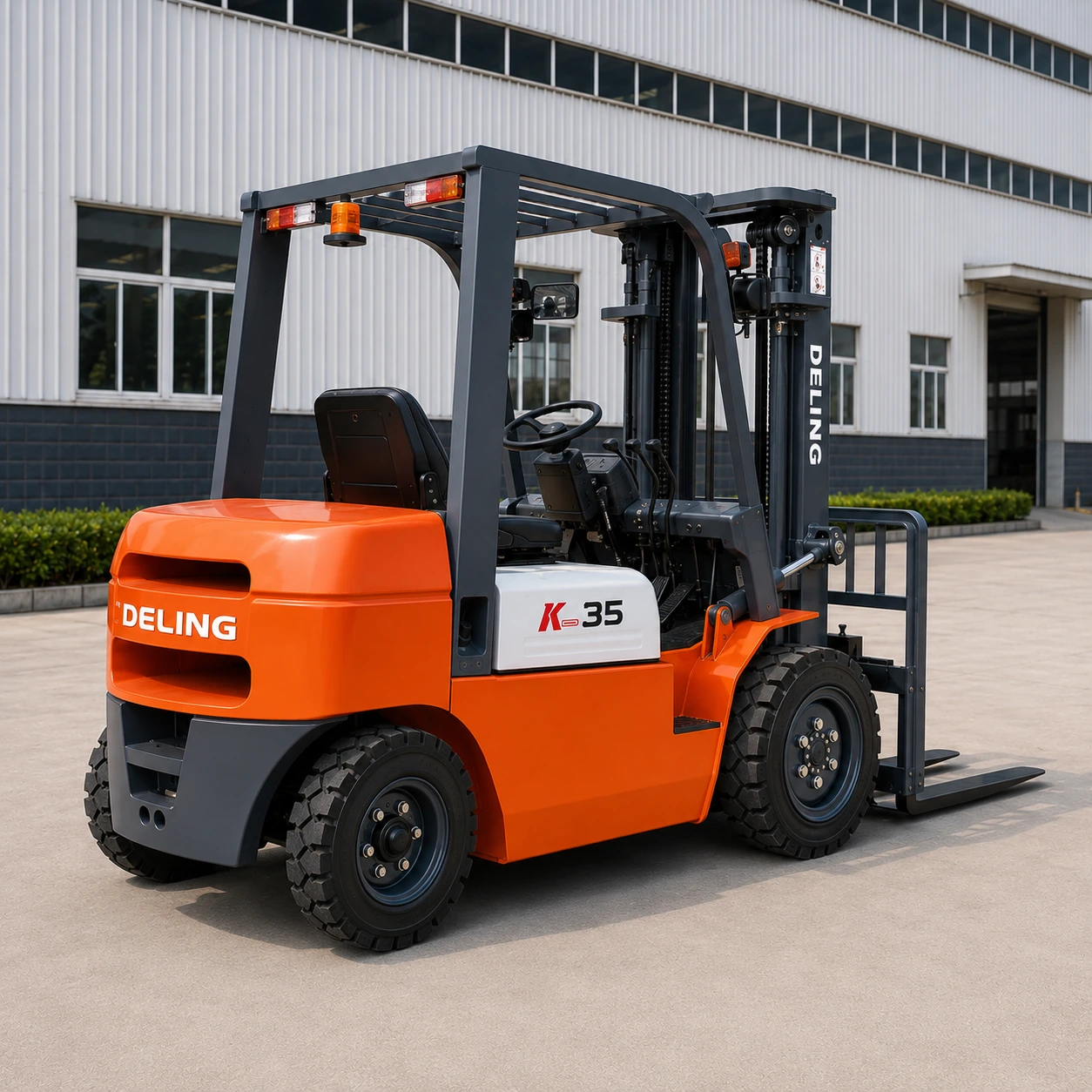Deling K-35 3.5 ton diesel forklift rear three-quarter view in an industrial yard