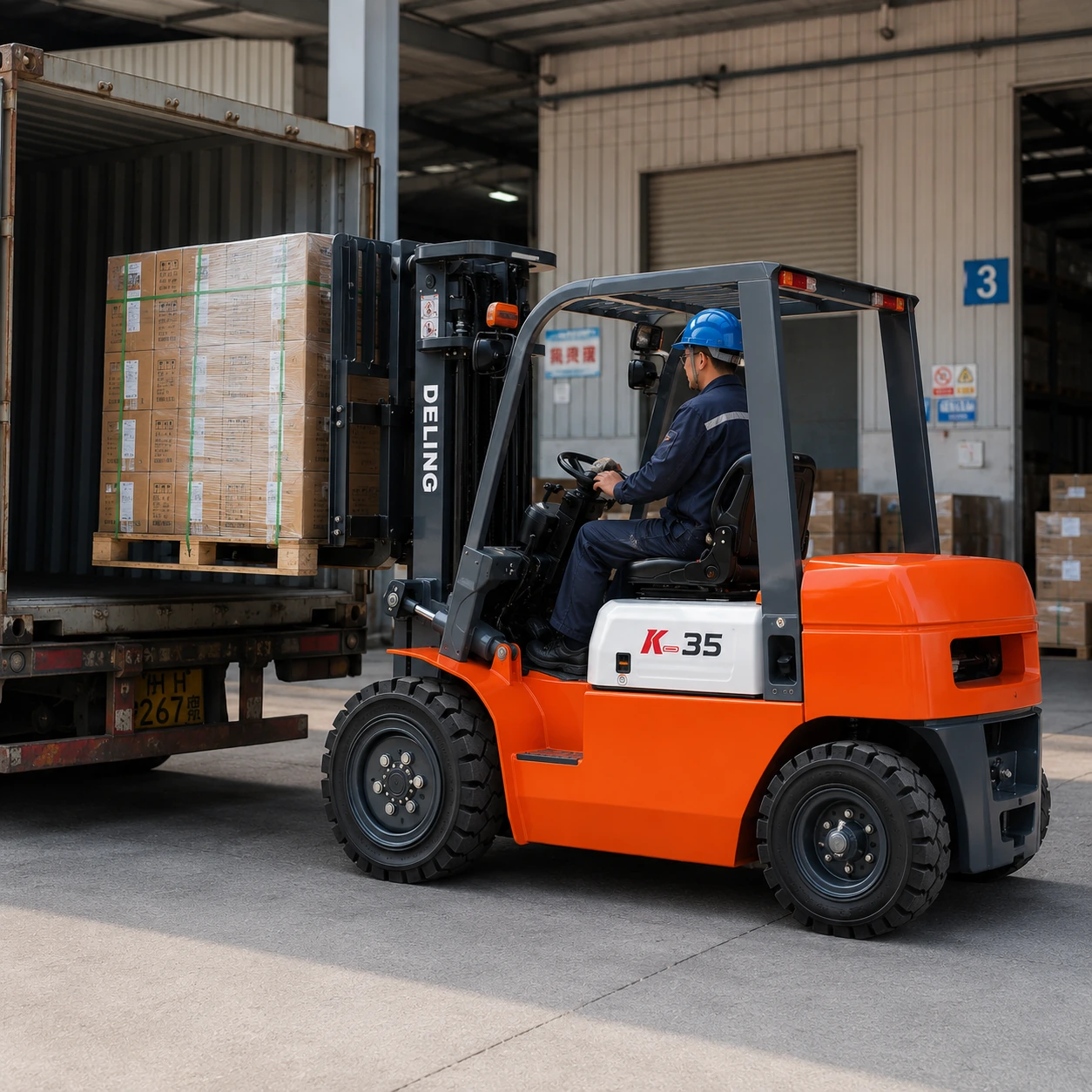 Deling K-35 diesel forklift loading palletized cargo into a container at the warehouse dock
