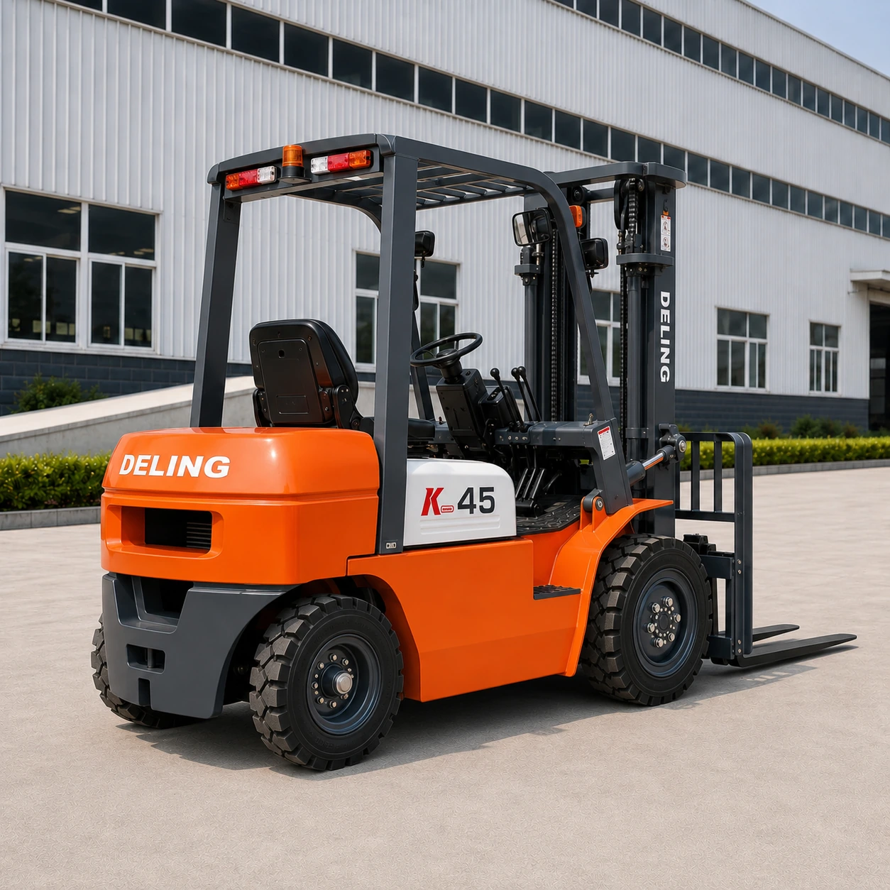 Deling K-45 4.5 ton diesel forklift viewed from the rear side at a factory site