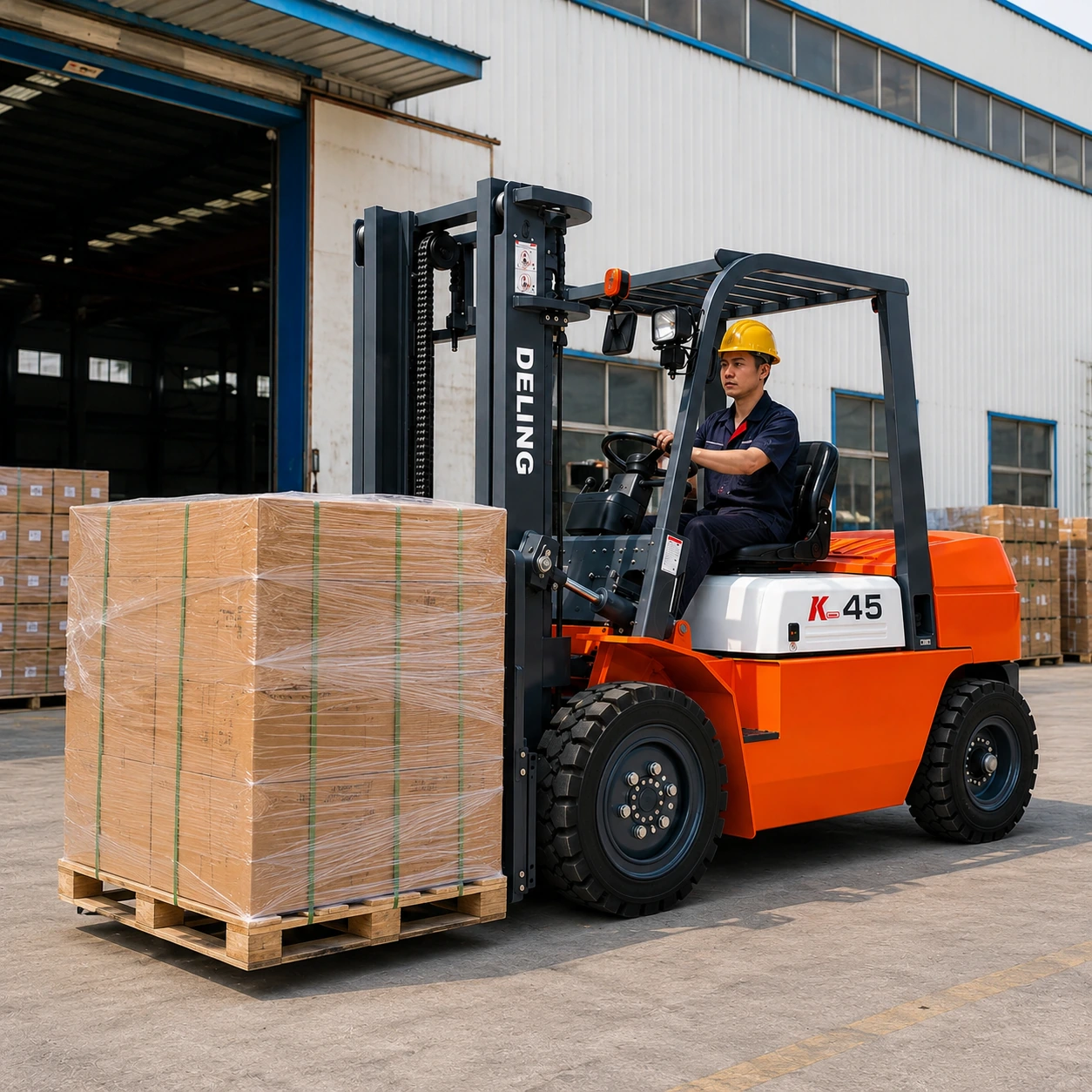 Deling K-45 diesel forklift handling wrapped pallet cargo outside a warehouse entrance