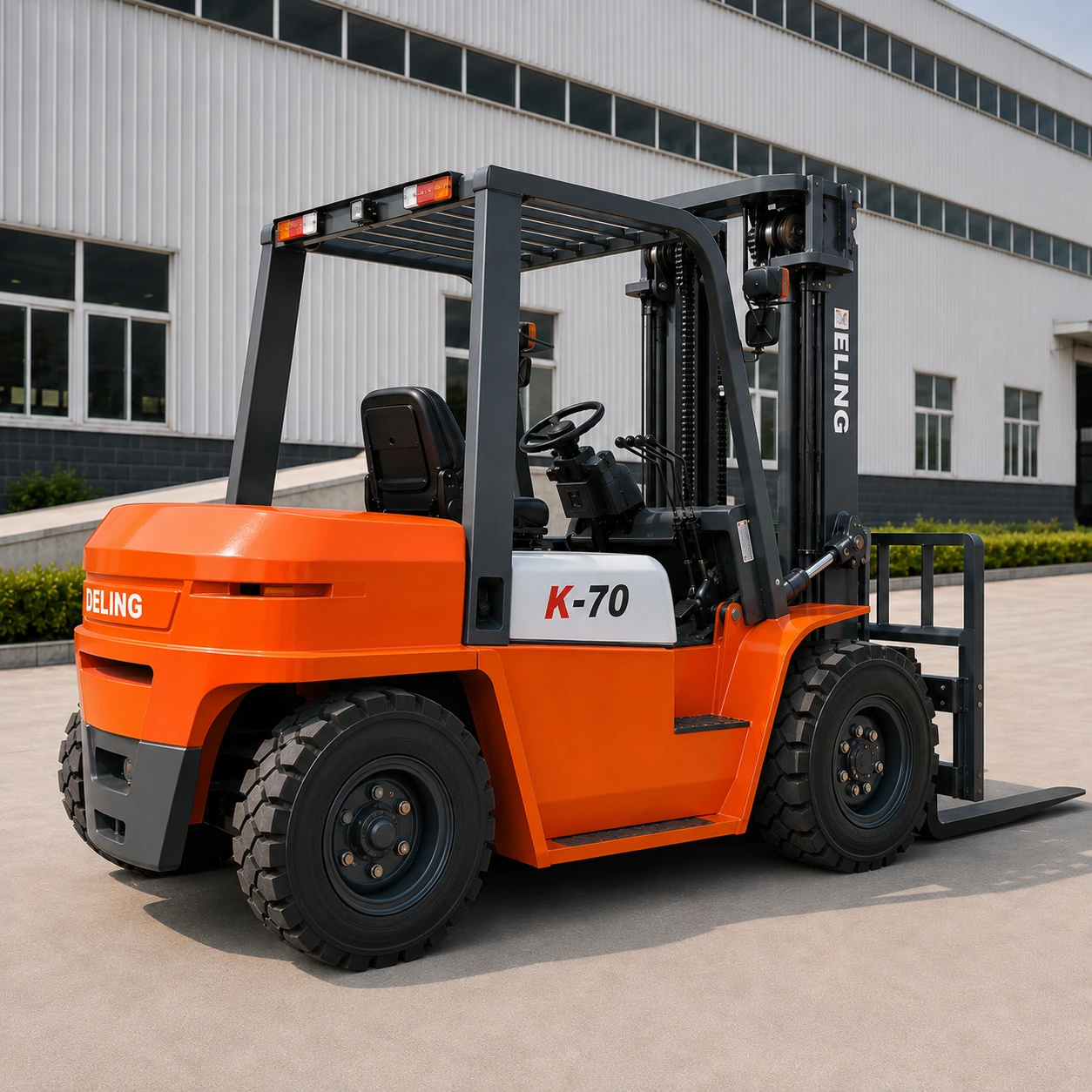 Deling K-70 7 ton heavy-duty diesel forklift rear side view outside an industrial warehouse