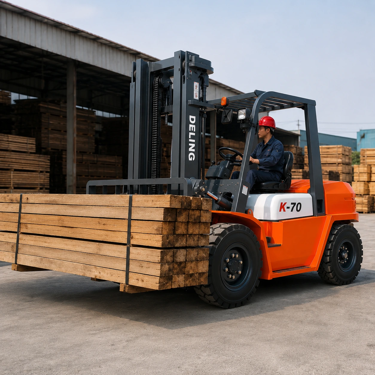 Deling K-70 diesel forklift carrying bundled timber in an outdoor industrial yard
