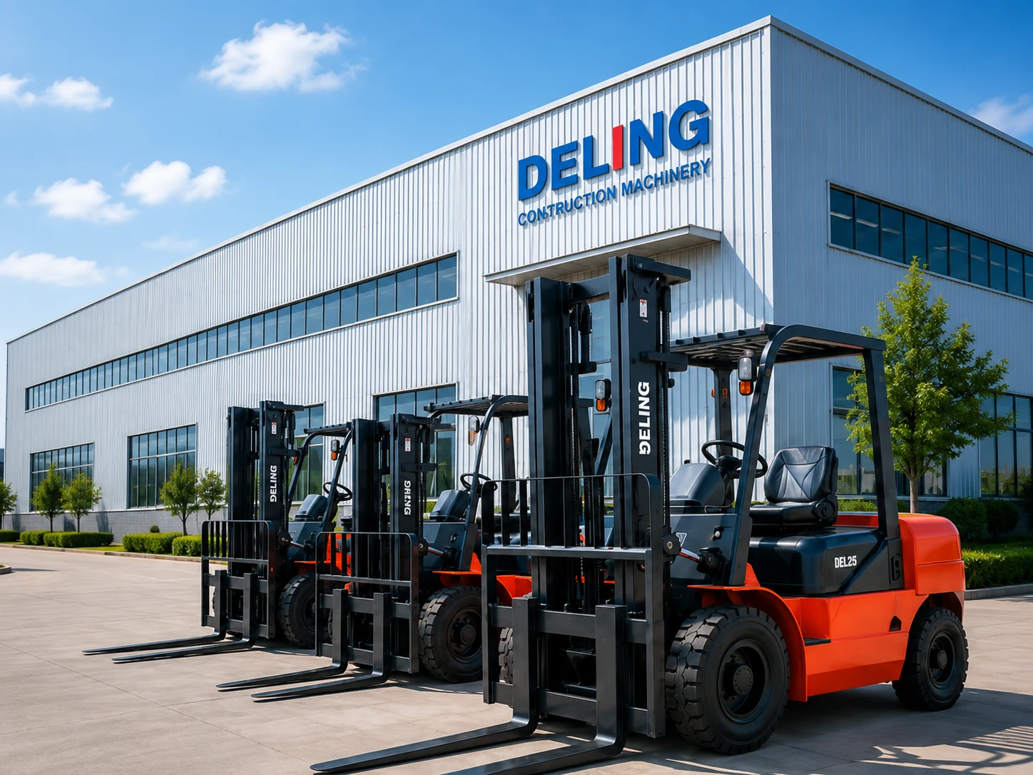 Deling forklifts lined up outside the construction machinery factory