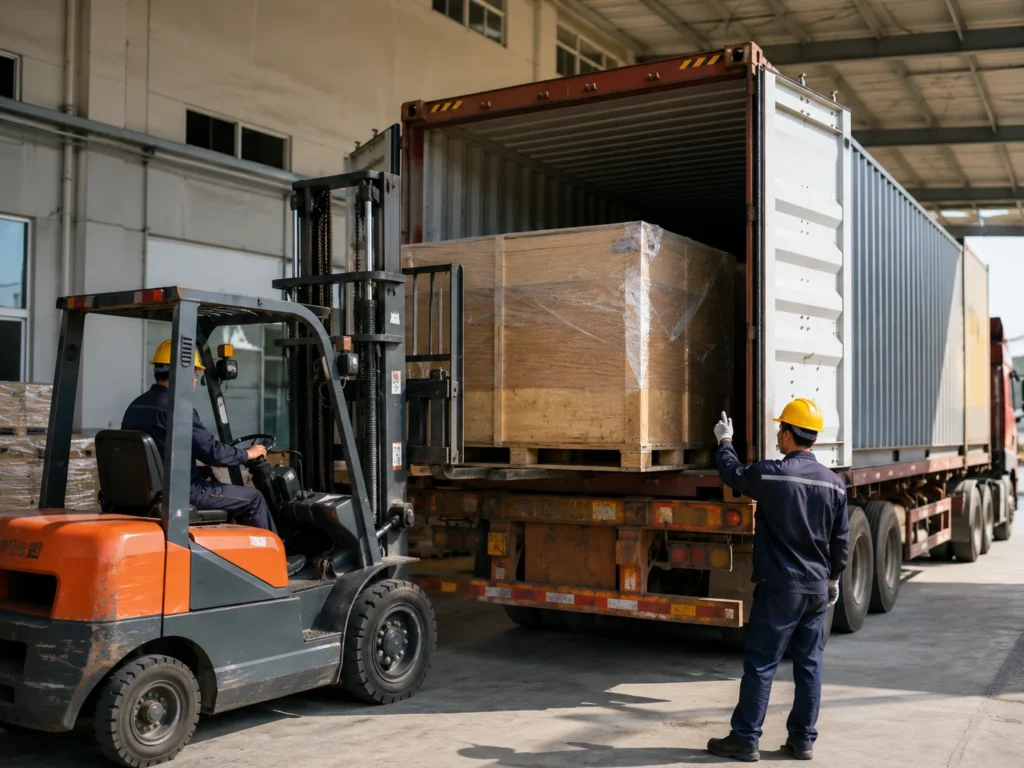 Forklift operator and warehouse worker loading a large wrapped crate into a shipping container.