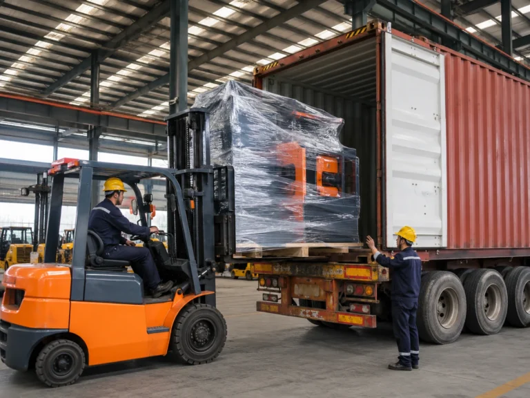 Forklift moving wrapped industrial equipment into a container trailer inside a warehouse loading area.