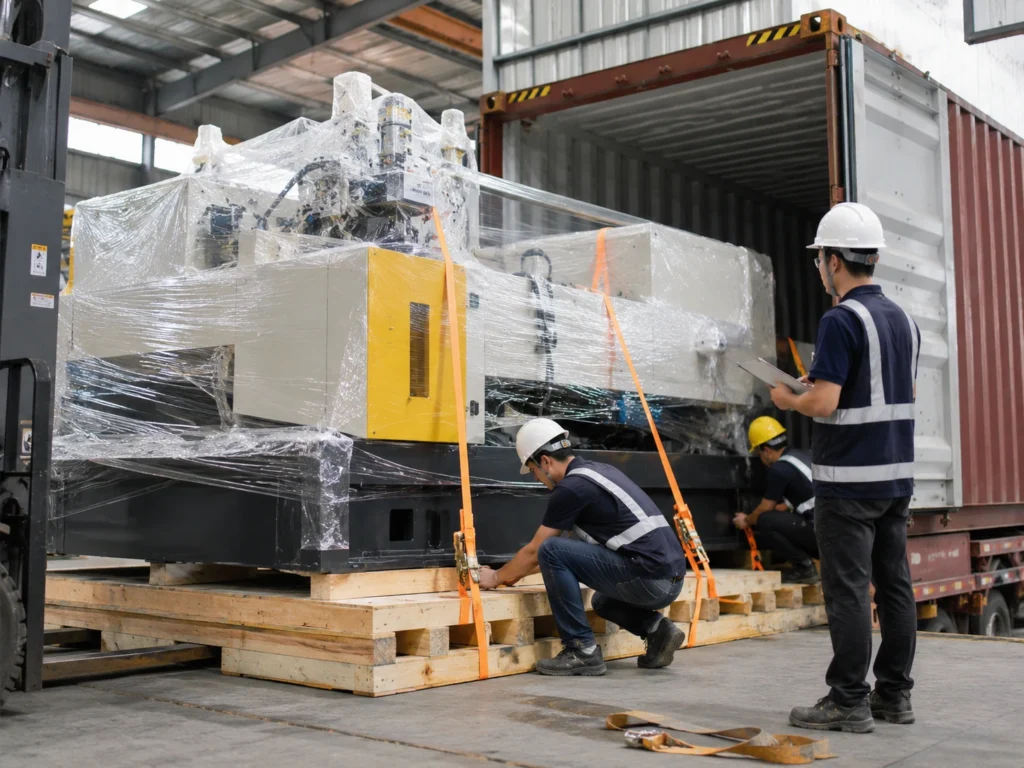 Workers securing and packing industrial machinery with protective wrap before container loading for export.