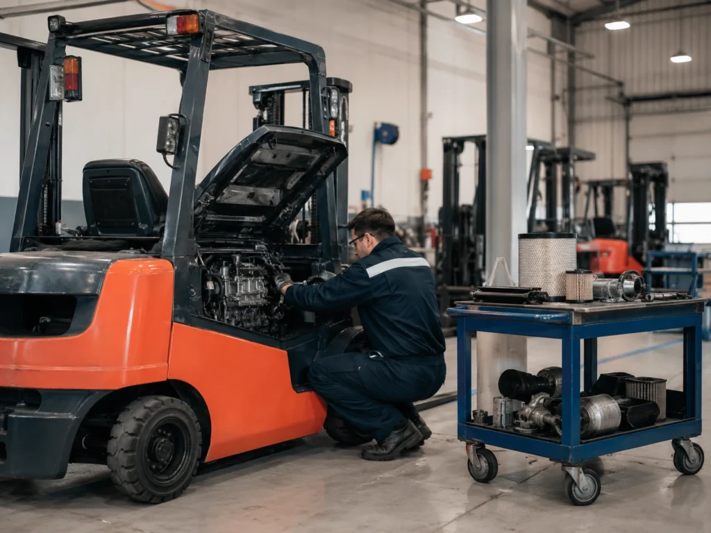 Technician servicing an orange forklift in an industrial maintenance workshop.