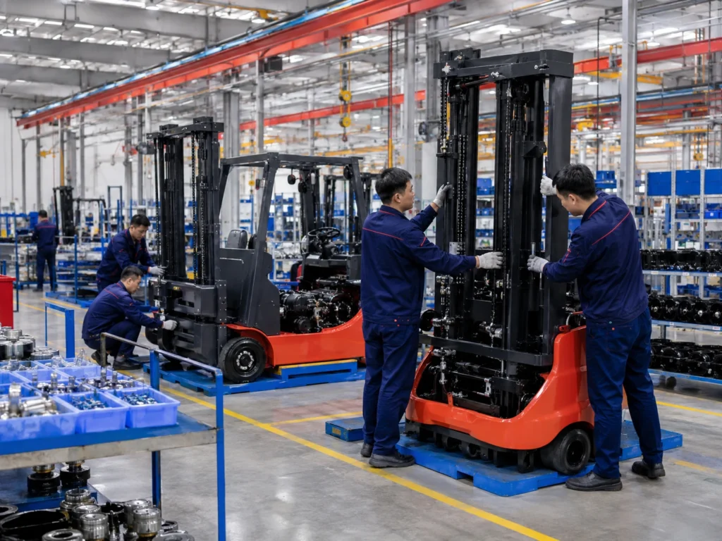 Large forklift assembly workshop with organized production stations, parts racks, and workers assembling industrial forklifts.