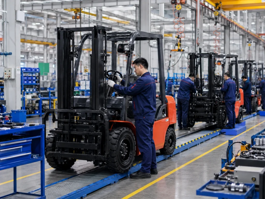 Forklift mast assembly process in a clean factory, with workers installing and adjusting components on the production line.