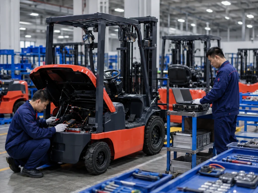Forklift production line inside a spacious industrial plant with workers assembling vehicles and checking parts.