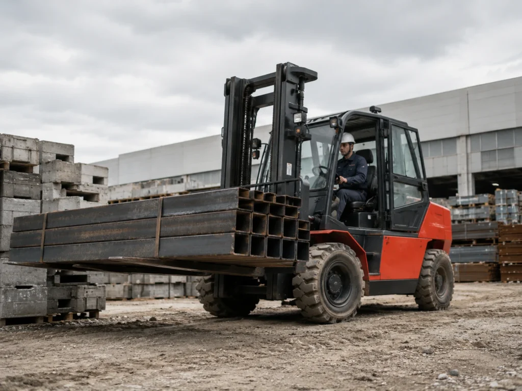 Rough terrain forklift carrying heavy steel materials across an outdoor industrial yard.