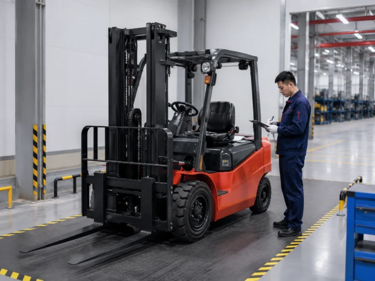 Forklift pre-delivery inspection in a warehouse test area with a technician recording checklist results.