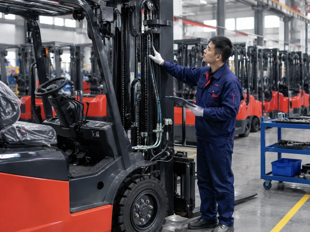 Technician inspecting a forklift inside a factory workshop before delivery, checking equipment with a clipboard.