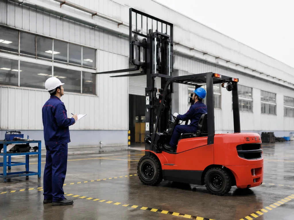 Forklift testing and safety inspection before shipment, with an operator and inspector in an outdoor factory test zone.