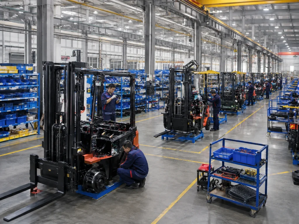 Factory technician performing forklift system diagnostics and quality inspection before delivery using testing equipment.