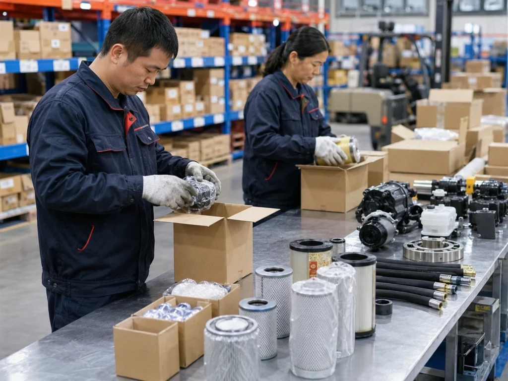 Workers packing forklift spare parts for shipment on a warehouse workbench.