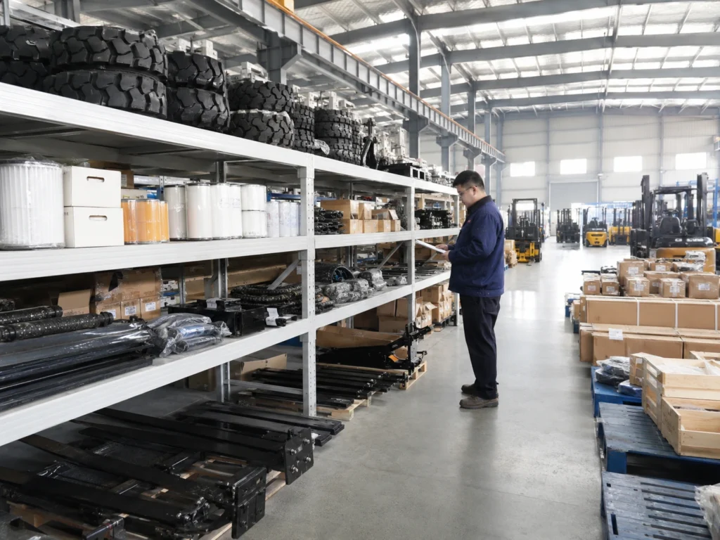 Warehouse staff checking forklift spare parts inventory in a large industrial warehouse.