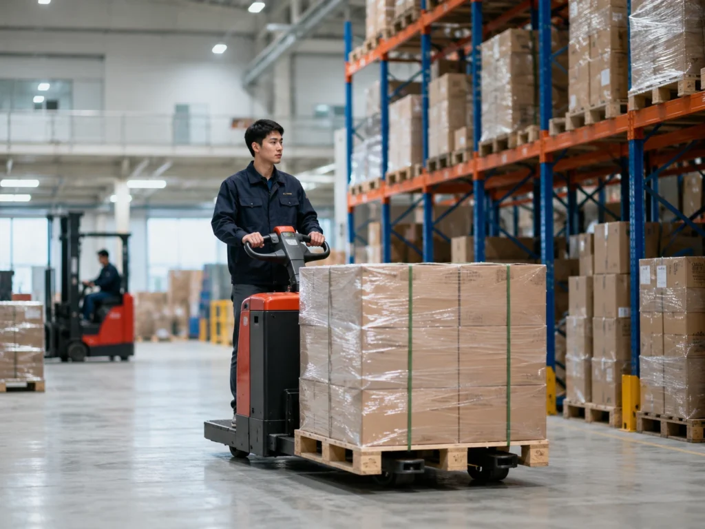 Electric pallet truck handling wrapped pallet goods in a modern warehouse aisle.